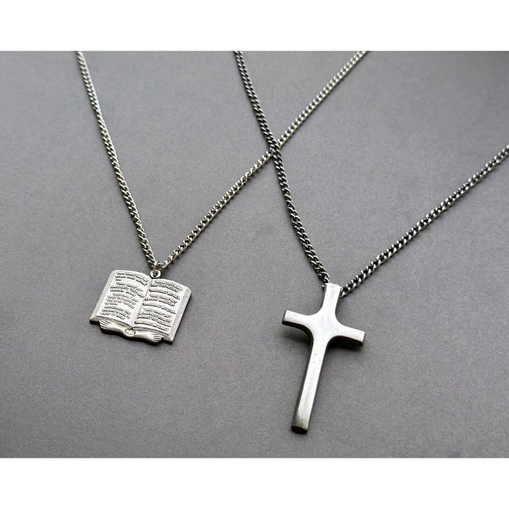 MiriamHaskell Patent 3427691 Cross & Silver Tone Commandment Charm Necklaces Set